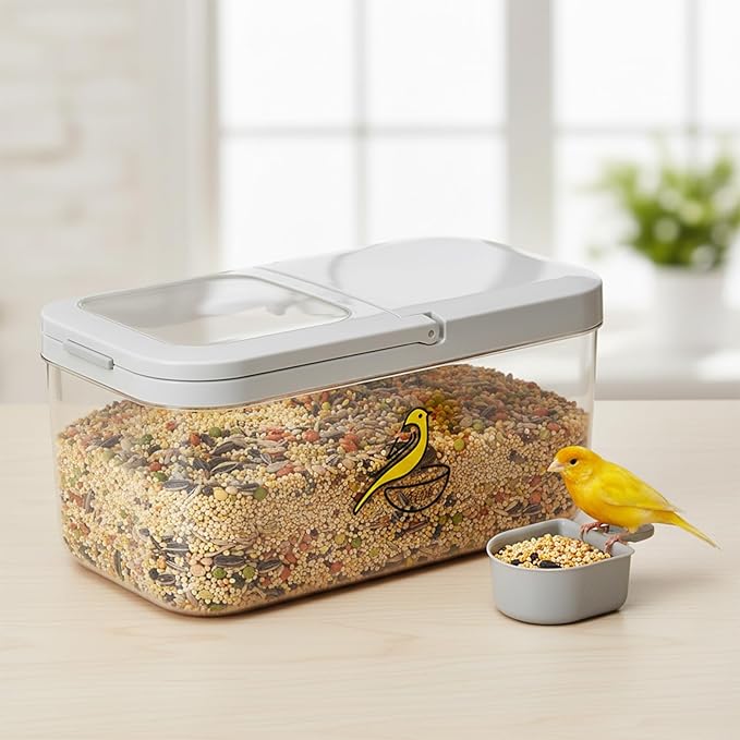 Bird Seed Storage Container, 5.4 Qt/6 L Pet Food Container with Measuring Cup & Stainless Steel Bird Feeder Bowl, Airtight Wild Birds Seed Dispenser, Plastic BPA Free, Clear
