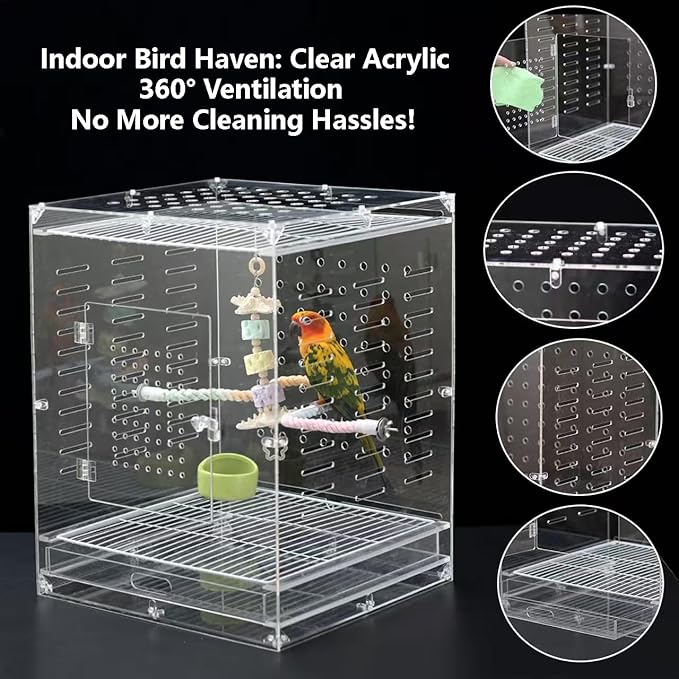 Clear Acrylic Bird Cage for Small Birds, Transparent Display Habitat for Canary, Parakeet - Easy to Clean & Assemble (14x15x20in)