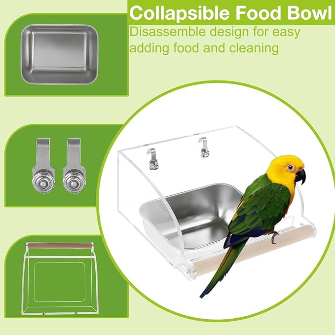 Bird Feeder for Cage,Transparent Parrot Feeder with Nonslip Wood Perch, Stainless Steel Birds Food Bowl Water Bowl, Bird Cage Seed Catcher for Small Medium Parakeet Cockatoos Lovebirds Budgies Conures
