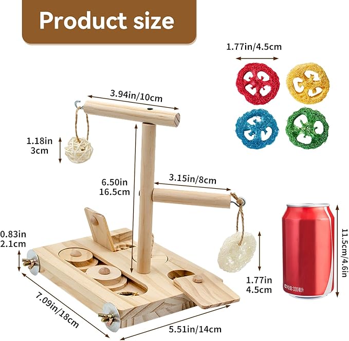 Interactive Wooden Bird Foraging Toy – Cage-Mounted Puzzle Feeder with Sliding Locks, Loofah & Vine Ball for Budgies, Cockatiels, Conures & Small Parrots