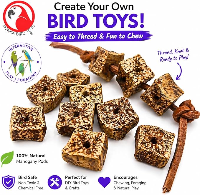 Bonka Bird Toys 3893 Natural Mahogany Sliced Pods Chew Toys, Pack of 12, Durable Bird-Safe Foot Toys, Pre-Drilled for Parrots, Cockatiels, and Small to Medium-Sized Birds, Cage Accessories