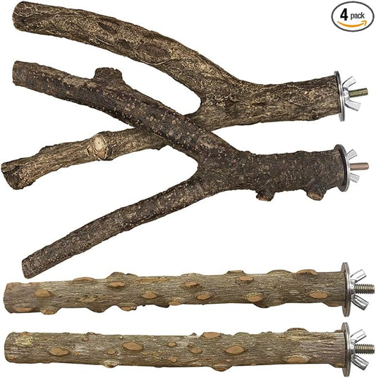 LIMIO Bird Perch 4 PCS Natural Wood Stand Parakeet Toys Bird Cage Accessories for Parrots Conure Supplies Budgie Platform