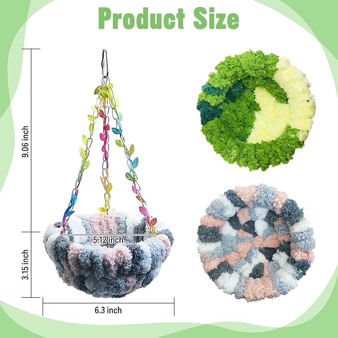 kathson Hanging Bird Bed, Bird Hammock for Cage Winter Warm Bird Plush Nest Parrot Sleeping Bed for Budgie Lovebird Conure Quaker (Diameter 6.3 in, Green)