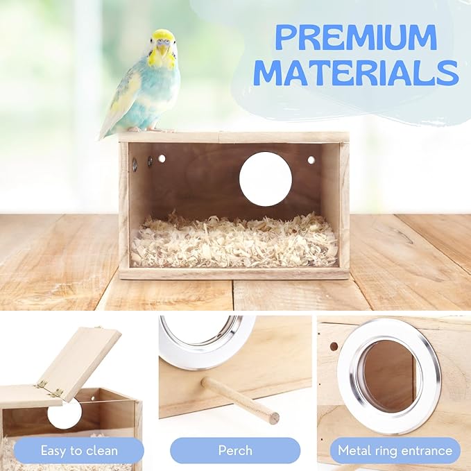 Parakeet Nesting Box - Visual Wooden Bird Nest Breeding Box - Bird Cage House with Perch for Lovebirds Cockatiel Budgie Finch Parrot