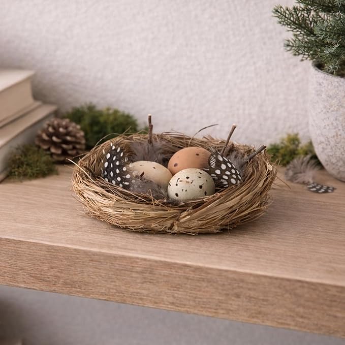 The Bridge Collection Faux Decorative Bird's Egg Nest - Cute Bird Nest with Eggs Tabletop Decoration for Spring, Summer, Everyday Home Decor (Feathered)