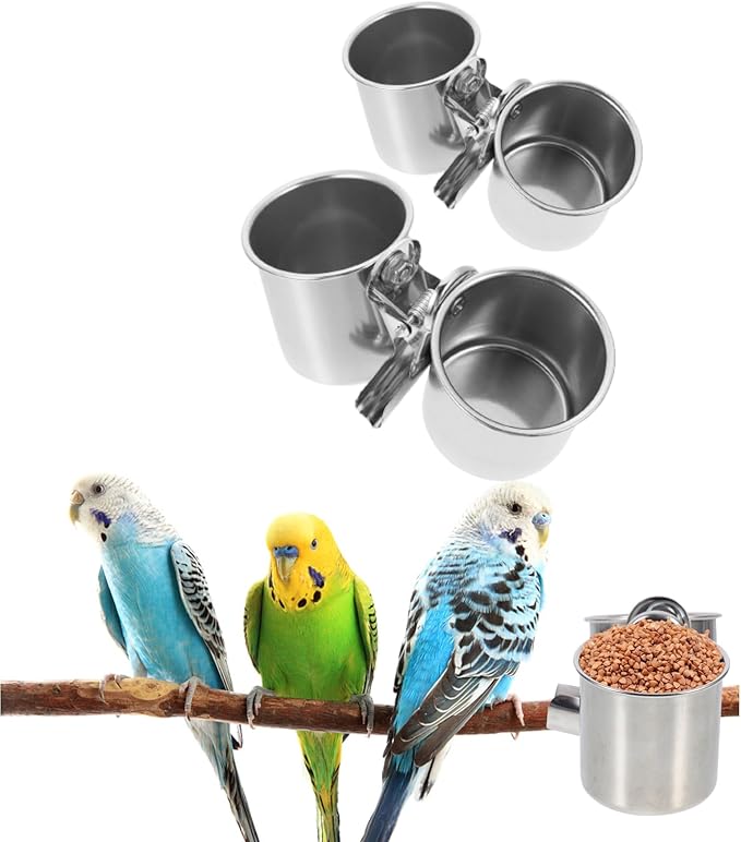 POPETPOP 2 Pcs Bird Parrot Feeding Double Cups with Clip - Stainless Steel Bird Bowls for Cage, Food Feeder Cups Hanging Bowl for Cage Stand Accessories