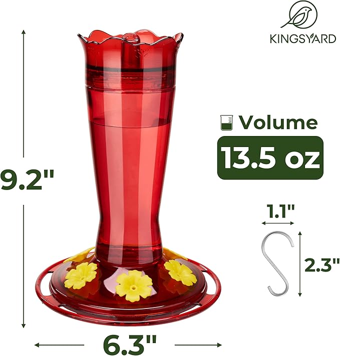 Kingsyard Glass Hummingbird Feeder for Outdoors Hanging, 14 oz Leak-Proof Humming Bird Feeders with Ant Moat & Bee Proof Feeding Ports, Hummingbird Gift for Bird Lovers (Red)