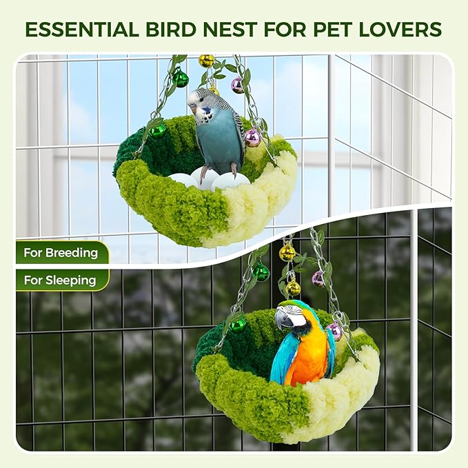 Admaison Bird Nest with Bell for Cage,Plush Hanging Bird Bed for Parakeet Indoor & Outdoor,Breeding Bird House for Conure,Budgie,Cockatiel,Lovebird,Canary,Finch,Hamster,Small Pets,Warm Nest,Green L