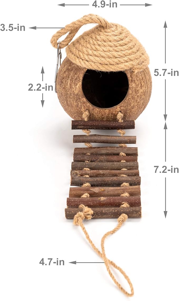 andwe Coconut Bird Nest Hut with Ladder for Parrots Parakeet Conures Cockatiel - Small Animals House Pet Cage Habitats Decor