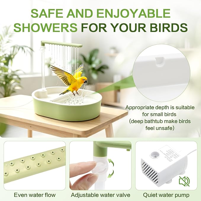 Automatic Bird Bath with Quiet Pump,Parakeet Bird Bathtub for Cage with Adjustable Shower Head & Water Flow Valve,Large Bird Baths Detachable for Easier Cleaning,BPA-Free