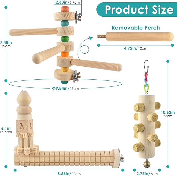 DBNESS 3pcs Natural Wood Bird Perch Toys, Rotating Perch Stand, L-Shaped Perches with Chew Block, Hanging Cork Stopper Toy, Birdcage Accessories for Small Medium Parrots Cockatiels Quaker Caique