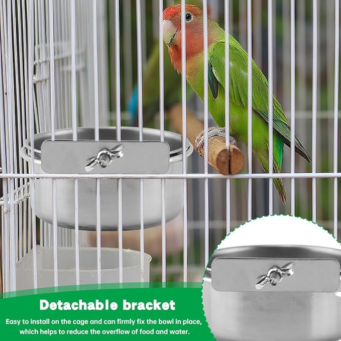 2Pcs Stainless Steel Bird Feeding Bowls with Feeding Spoon,Parrot Food Bowl Cage with Clamp Holder, Parrot Cage Water Feeder,for Cockatiel Parrot Macaw Small Animal Chinchilla