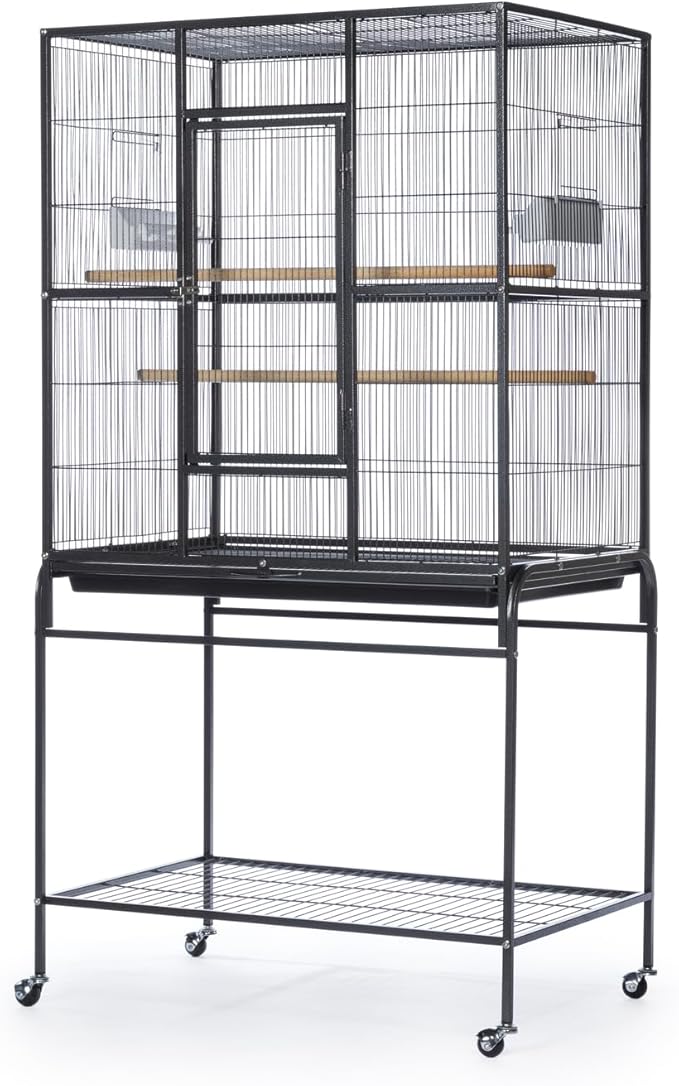 Prevue Pet Products Flight Cage with Stand - Large Metal Bird Cage with Removable Tray, Wood Perches, Double Feeders & Storage Shelf on Rolling Casters, Ideal for Small to Medium Birds - Black