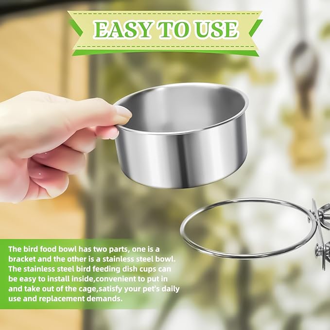 2 Pack Bird Feeding Bowls Cups Parrot Food Water Dishes, Stainless Steel Bird Bowl Cup Dish with Clamp, Birdcage Feeder Pet Cage Bowls for Parrot Cockatiel Budgie Conure Parakeet Small Animal