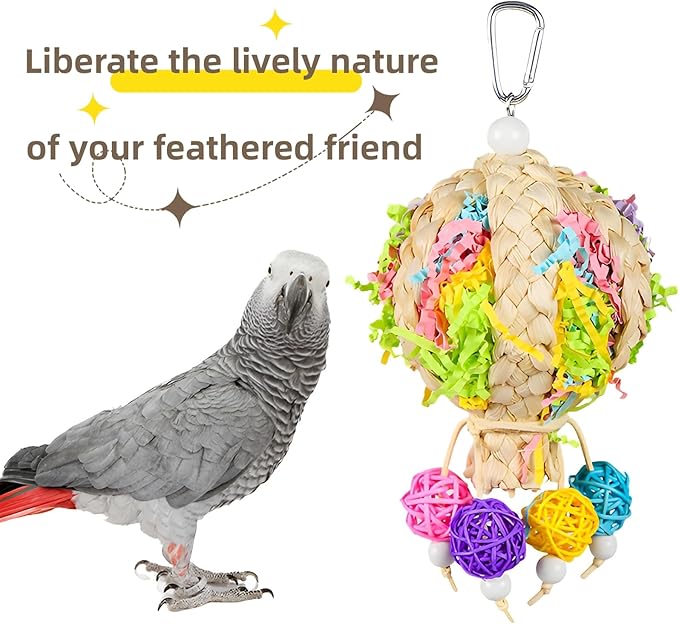 2 Pack Natural Hot Air Balloon Bird Toy, Hand-Woven Parrot Foraging & Chew Toy with Colorful Rattan Balls, Boredom Relief for Small to Medium Parakeets, Cockatiels, Conures