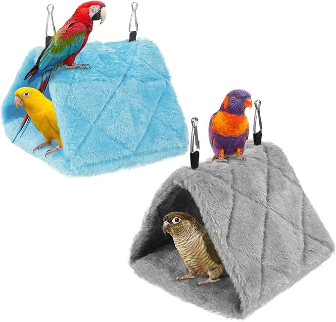 2Pcs Bird Nest Hammock, Birds Hut for Cage, Warm Plush Snuggle Cave Hanging Bed, Parrot Sleeping Bed for Budgies, Parakeets, Cockatiels & Small Parrots (Blue & Grey Size S)
