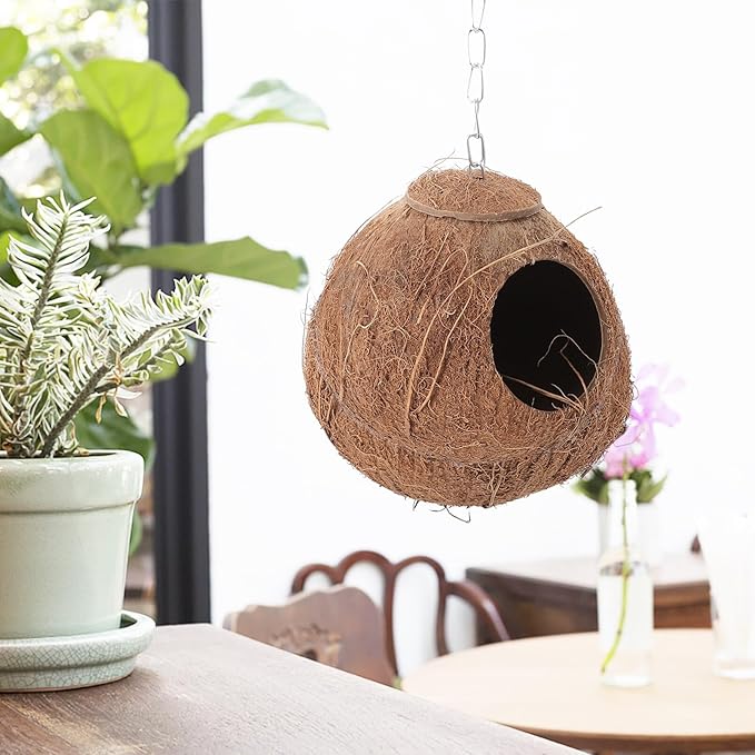 Natural Coconut Shell Bird Nest,Hanging House,Parrots Hide Hut Habitats Decor,Parrot Cage Accessories for Lovebirds Cockatiel Canary Budgies