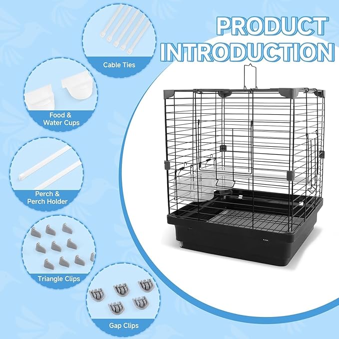 Small Bird Cage - 12x12x14.6 in Lightweight Travel Outdoor Birdcage for Parakeets, Budgies & Canaries and More Small Birds, Bird Carrier with Handle, Stand, Removable Tray, Portable for Hanging, Black