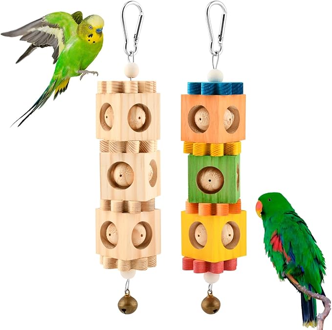 2Pcs Bird Chew Toys for Beak Grinding, Hanging Rotating Wood Block with Bell, Birds Cage Chewing Playing Training Toy for Cockatoos, Macaws, African Grey, Conures, Lovebirds(Wood)
