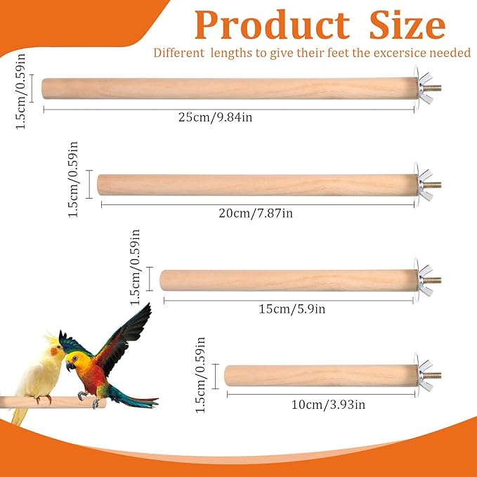 Bird Perch Wooden Parrot Perchs Stand, 4PCS Parrot Perches Toys Wood Perches with Different Widths Bird Cage Toys Cage Accessories for Macaws, Small Parakeets, Conures, Budgies, Finches