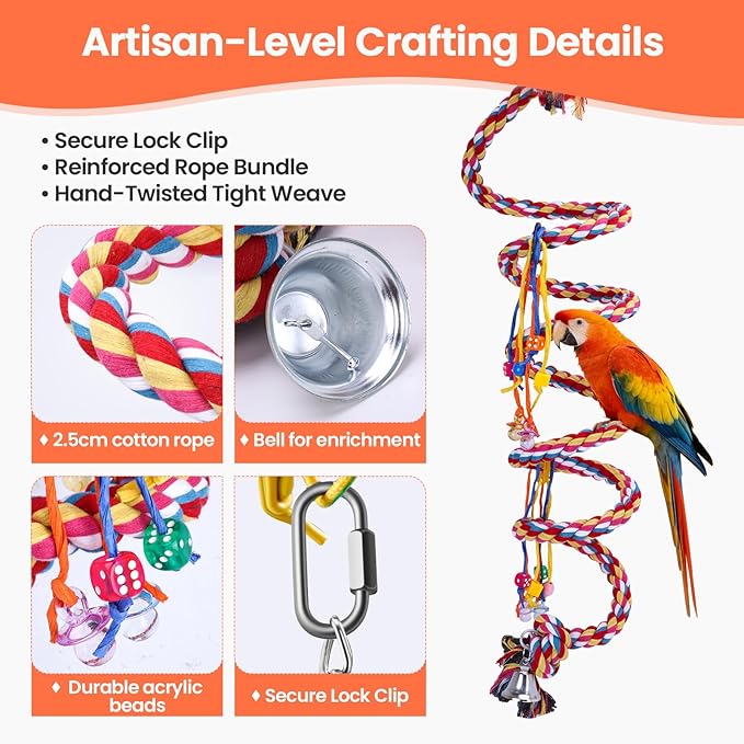 Ultra Long Bird Toys for Large Parrots - 110'' Heavy Duty Cotton Rope Birds Toy Swing, Spiral Hanging Bird Toys with Bell & Acrylic for Macaws, Cockatoos, Greys, Enrichment Parrot Toys