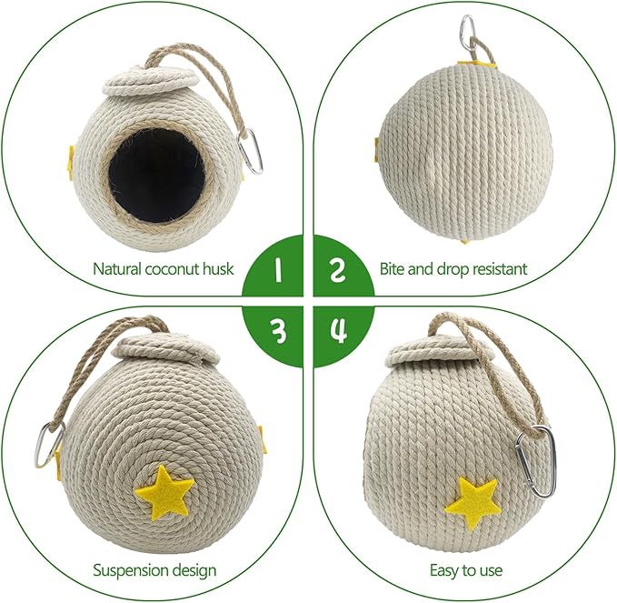 Tfwadmx Natural Coconut Fiber Hanging Birdhouse for Cage Coconut Hide with Loop Coconut Bird Shell Breeding Nest for Parrot Parakeet Lovebird Finch Canary, Pet Cage Habitats Decor,Small Animals House