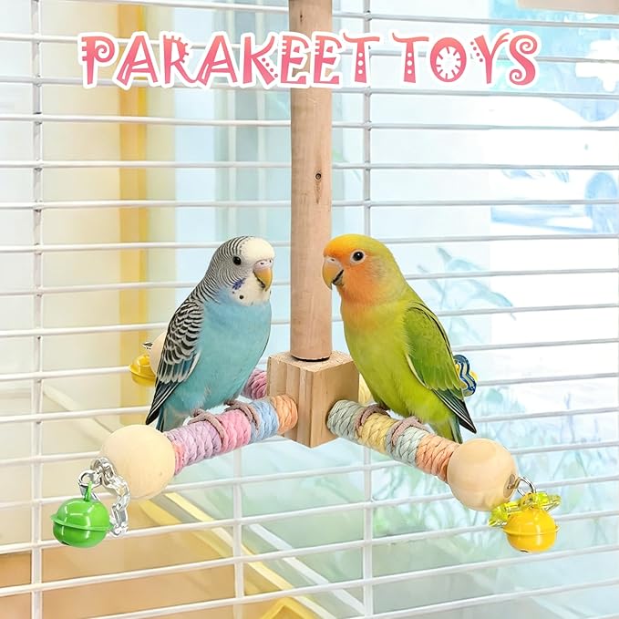 2 Pcs Parakeet Toys with 9 Inch Hanging Perch & 7.8 Inch Wooden Swing,Wooden Bird Cage Accessories to Relieve Boredom and Anxiety,Excellent for Parrots, Budgies, Cockatiels and Other Pet Birds