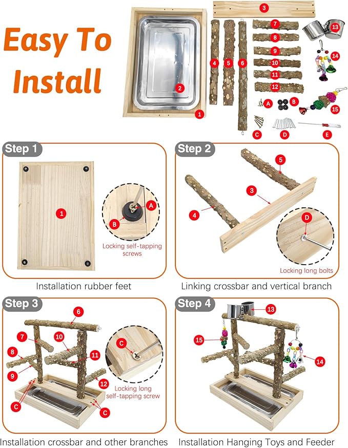 BNOSDM Natural Wood Bird Playground for Training & Playing, Parrot Perch Stand Jungle Gym with Detachable Tray & Stainless Feeder Cups Parakeet Cage Playstand for Budgie, Cockatiel, African Grey