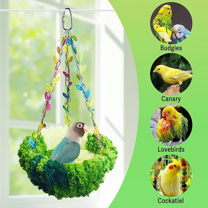 kathson Hanging Bird Bed, Bird Hammock for Cage Winter Warm Bird Plush Nest Parrot Sleeping Bed for Budgie Lovebird Conure Quaker (Diameter 6.3 in, Green)