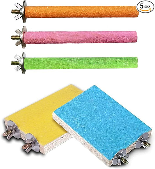 Hamiledyi 5 Pcs Parrot Perch Stand Natural Wood Bird Perch Stand Platform Paw Grinding Sticks Cage Accessories Exercise Toys for Budgies Parakeets Cockatiels Conures Lovebirds