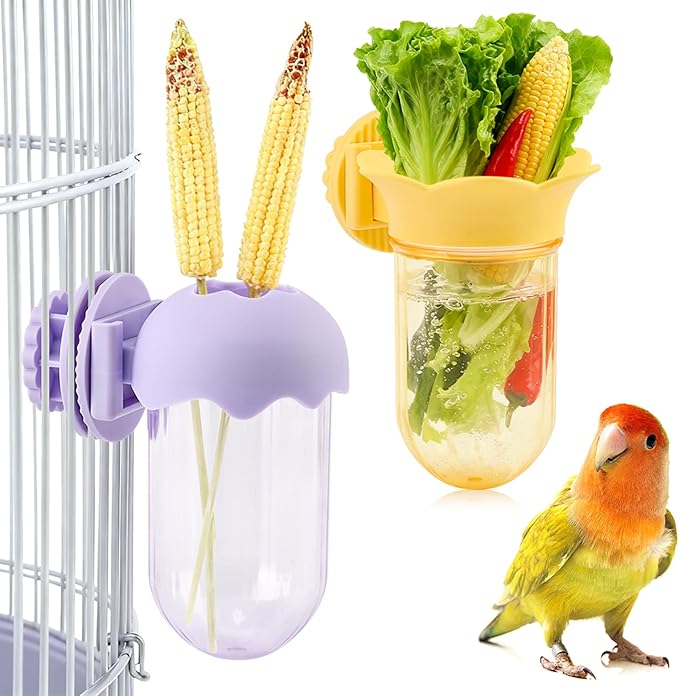 2 Pcs Bird Cage Feeder for Vegetable, Reusable Parrot Veggies Holder Bird Feeder for Cage, No Spill Feeders for Parrots, No Mess Hanging Containers for Cage(Color:Yellow+Purple)