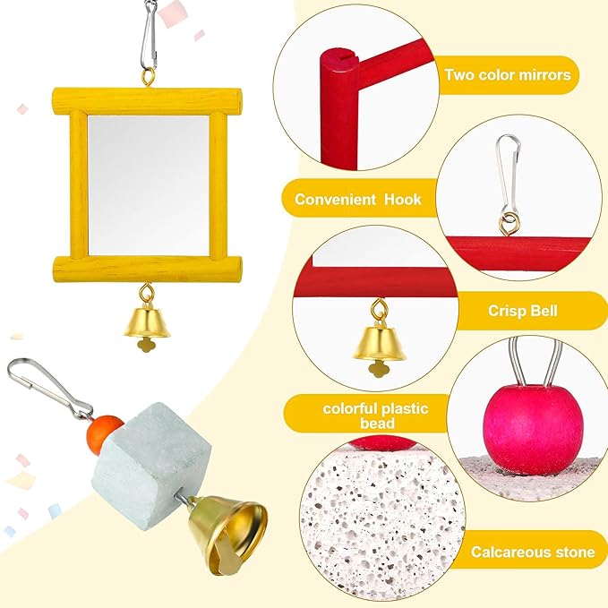 Sumind 6 Pieces Chicken Mirror Chicken Toys for Coop with Bells, Hen Xylophone Toy with 8 Metal Keys, Parrot Grinding Stone, Sepak Takraw Toy, Dangling Bird Toy