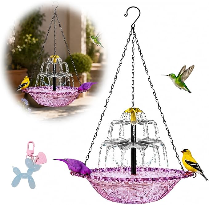 Hanging Bird Bath with Textured Bowl and Metal Chains, Solar Fountains with Cascade Flow for Outdoor Garden, Patio, and Yard Decor (Purple(XL))