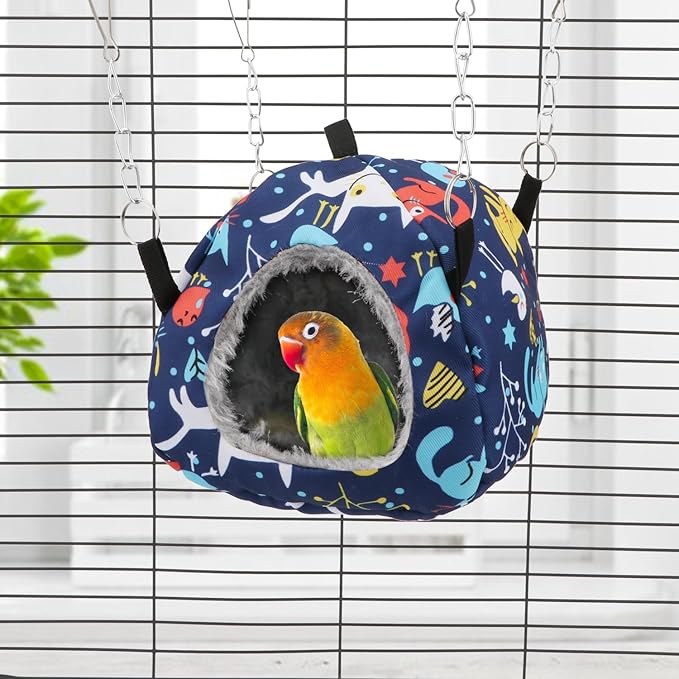 Wontee Bird Plush Hammock Parrot Hanging Snuggle Cave Happy Hut Tent for Parakeet Cockatiel Conure Lovebird Budgie Hamster Gerbil Rat Chinchilla Squirrel Cage (S, Blue Cat)