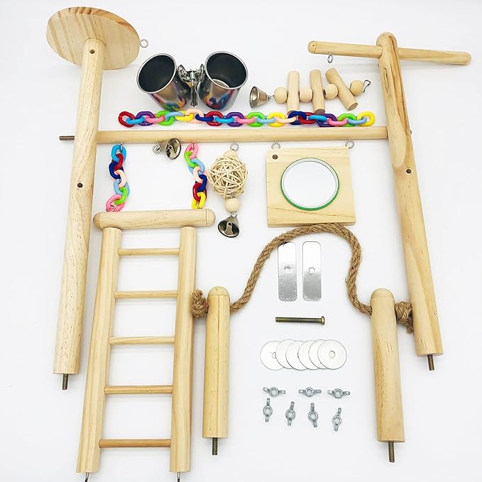 Bird Playground Top Cage, Parrot Gym Hanging Chewing Toys, Cage Top Play Stand for Conure, Parakeets, Budgie, Cockatiels, Lovebirds, Wood Perch Toys
