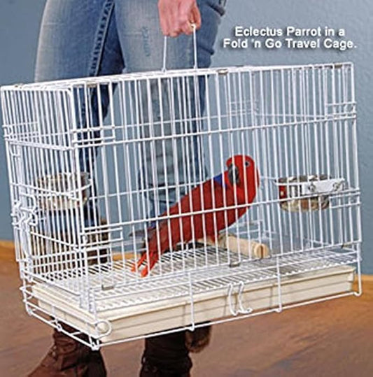Durable Easy Portable Metal Travel or Veterinary Collapsable Parrot Bird Carrier Bite-Proof Cage with Stainless Steel Feeder Bowls Natural Wooden Perch Stand