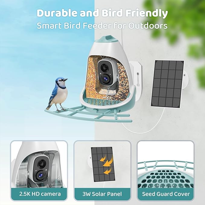 Smart Bird Feeder with Camera – 2K HD, Free Lifetime AI Bird Identification, Solar Powered, Motion Alert, 2.4GHz WiFi, Dual Seed Compartments – Outdoor Bird House Camera for Bird Lovers
