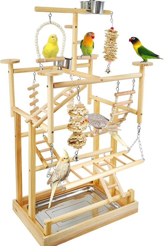 LIMIO Bird Playground - Natural Wood Parrot Playstand with Perches, Bird Play Gym & Accessories, Removable Tray & 4 Stainless Steel Cups