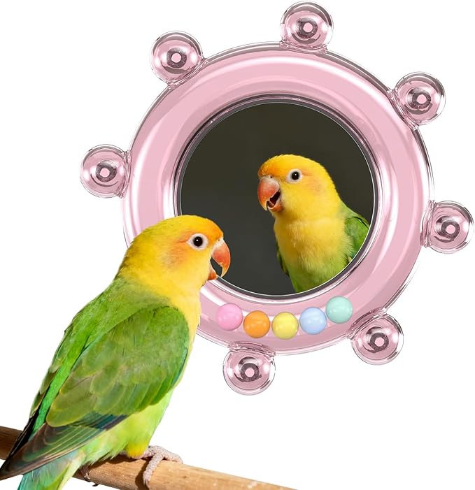 Bird Mirror Toys for Cage,Parakeet Rotating Sound Wheel Toy,Budgie Training Colorful Interactive Chew Toys for Canaries Lovebirds Conures Cockatiels cage Accessories (1, Pink)