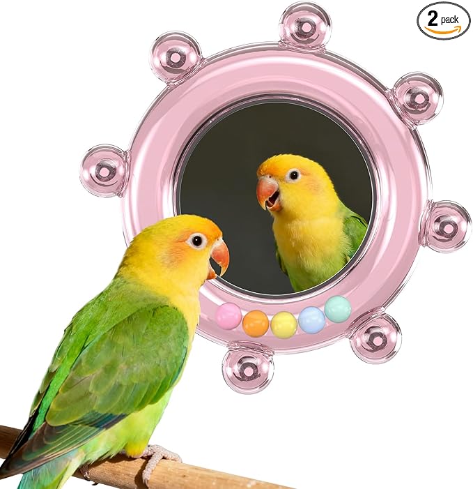 Bird Mirror Toys for Cage,Parakeet Rotating Sound Wheel Toy,Budgie Training Colorful Interactive Chew Toys for Canaries Lovebirds Conures Cockatiels cage Accessories (2, Pink)