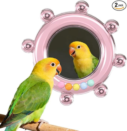 Bird Mirror Toys for Cage,Parakeet Rotating Sound Wheel Toy,Budgie Training Colorful Interactive Chew Toys for Canaries Lovebirds Conures Cockatiels cage Accessories (2, Pink)