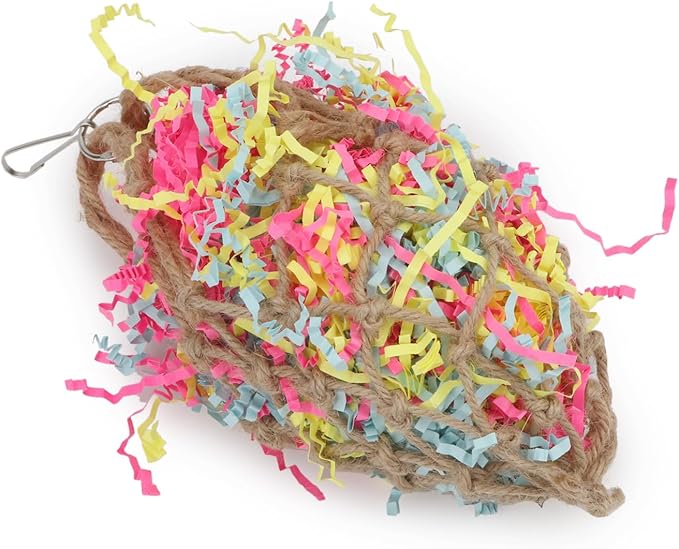 Wontee Bird Jute Paper Strips Parrot Mesh Bag Hanging Chewing Toy for Parakeet Cockatiel Conure Cockatoo African Grey Macaw