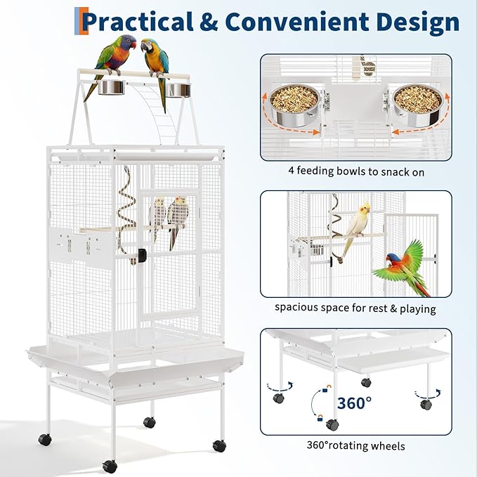67-Inch Playtop Wrought Iron Large Parrot Bird Cages with Rolling Stand for Cockatiels Parrot Quaker Conure Parakeet Lovebird Canary Small Medium Parrot Cage Birdcage, White