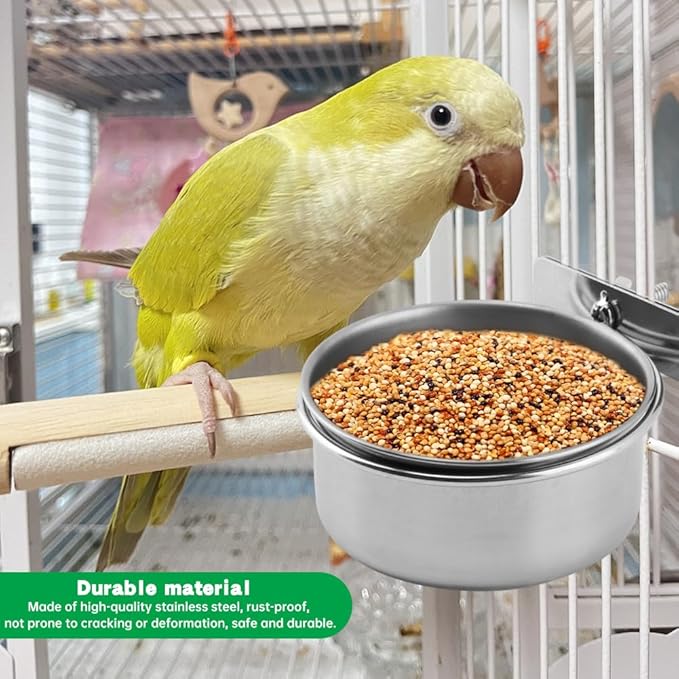 2Pcs Stainless Steel Bird Feeding Bowls with Feeding Spoon,Parrot Food Bowl Cage with Clamp Holder,Birdcage Coop Water Feeder for Cockatiel Parakeet Macaw Finches Small Animals
