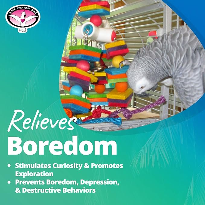 Super Bird Creations - SB440 4 Way Play Bird Toy - Colorful Wooden Blocks, Ringing Bell, and Bird Swing - Perfect Chew Toys for Mini Macaws, Parrots and African Greys - Ideal for Large Birds