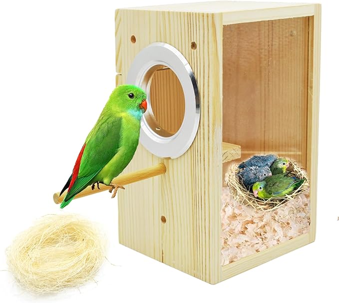 Parakeet Nesting Box,Transparent Bird Nest Boxs Natural Wooden Breeding Box with Coconut Fiber,Birds Cage House with Perch for Canary Budgies Gouldian Finch Cockatiel Conure and Other Small Birds