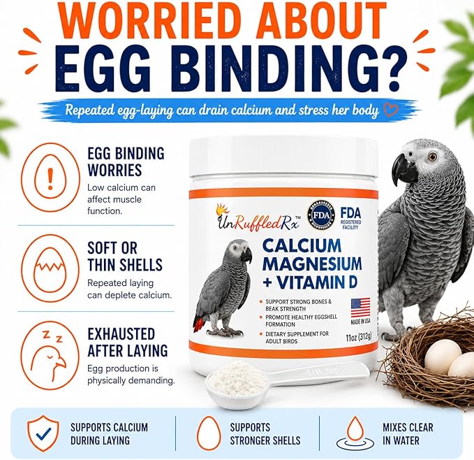 UnRuffledRx™ Bird Calcium Plus with Magnesium and D3, Dissolves Clear and Tasteless in Water, Supports Bone, Muscle, Feather and Egg Health, 45 Servings, Made in FDA-Registered USA Facility