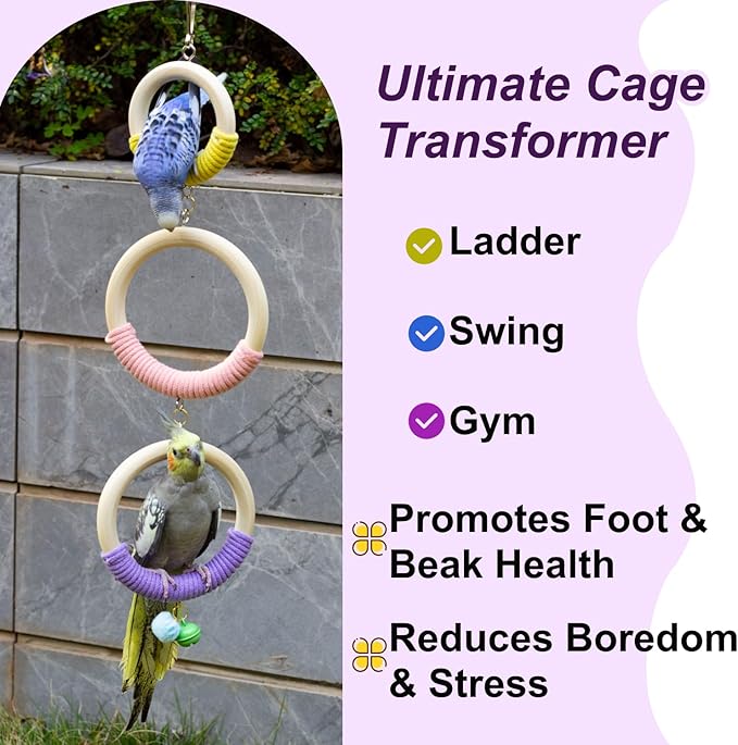 3-Ring Bird Wooden Swing with Bell Climbing Toy Chewable Cotton Rope Perch for Cage Cockatiels Budgies Parakeets Lovebirds 17 Inch