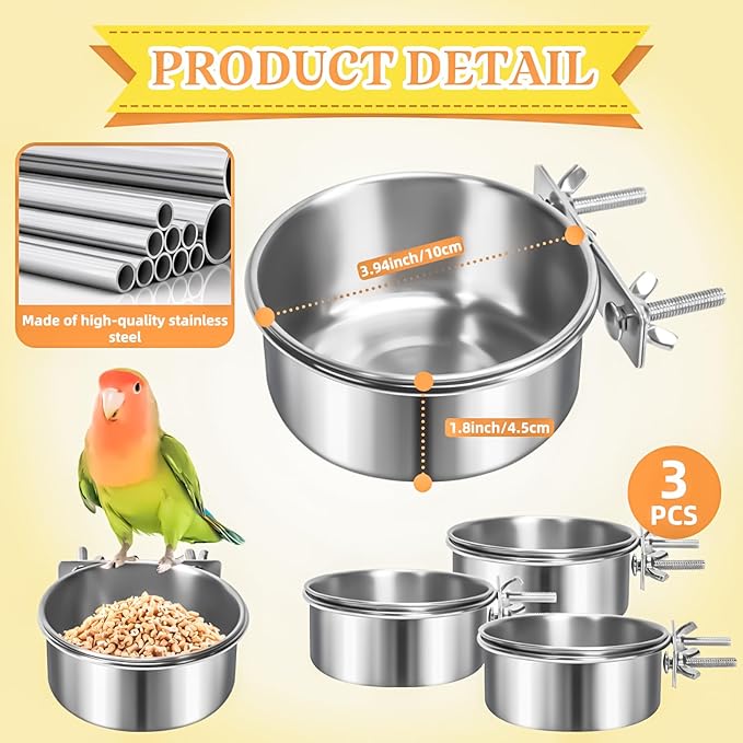 3 Pack Bird Feeding Bowls Cups Parrot Food Water Dishes, Stainless Steel Bird Bowl Cup Dish with Clamp, Birdcage Feeder Pet Cage Bowls for Parrot Cockatiel Budgie Conure Parakeet Small Animal