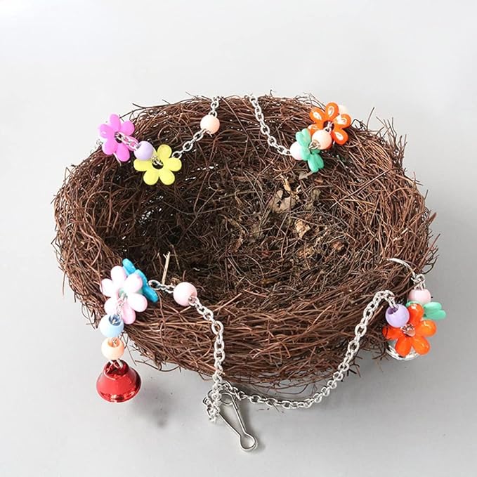 Natural Rattan Nest Small Medium Large Bird Swing with Bells for Parrot Parakeet Cockatiel Conure Cockatoo Macaw Amazon African Grey Lovebird Finch Canary Budgie Cage Perch Toy (Large)